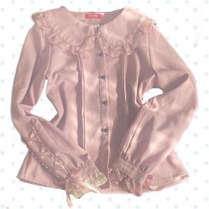 🪽Jirai Kei/ Ryousangata Ma*rs Pink Lace Trim Blouse